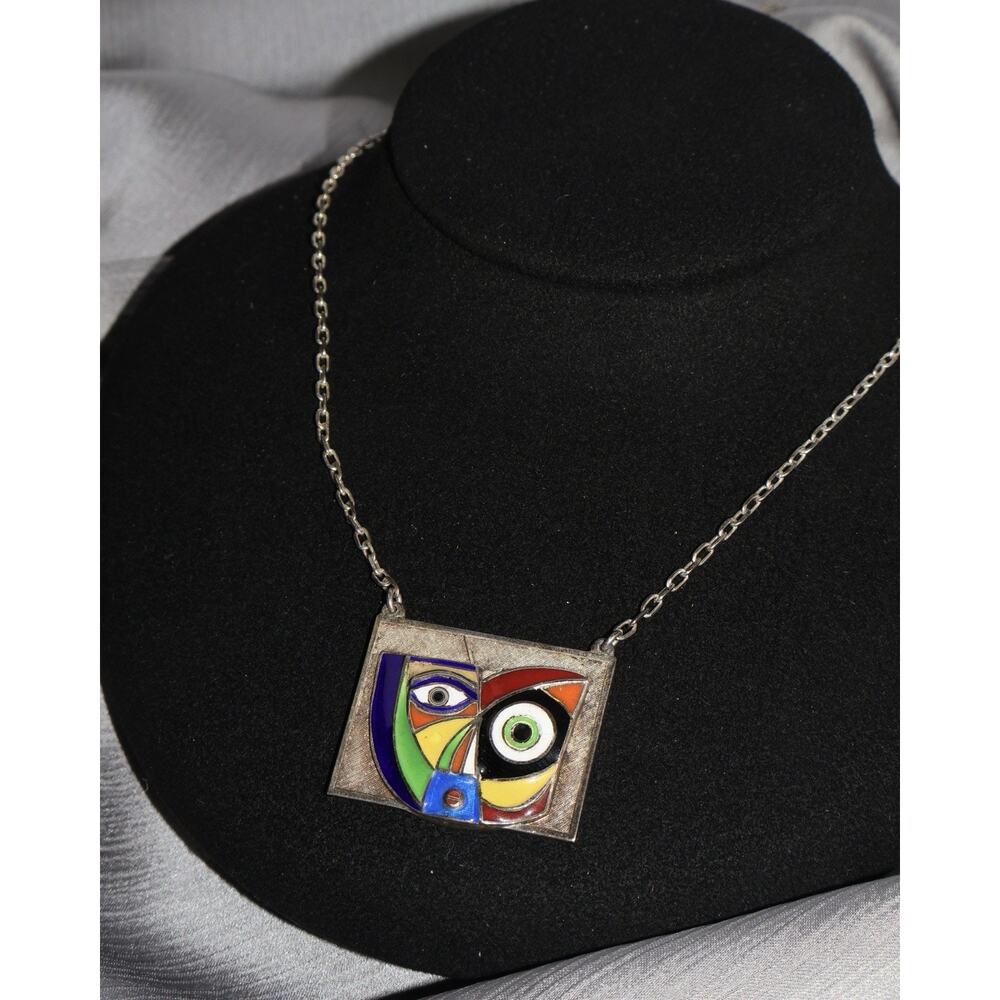 Vintage Modernist Anthony Quinn Enamel Sterling Silver Necklace 21.2G / 20in